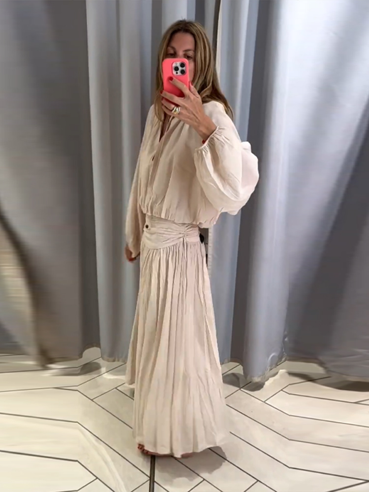 Ensemble élégant pour femme : Haut à manches longues avec lacets et jupe longue plissée taille haute – Collection été-automne 2026 – Tenue décontractée deux pièces pour femme