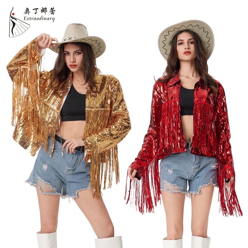 Veste à Paillettes à Manches sulfpour Femme, Punk, Pampille Scintillante, Revers, Ouvert sur le Devant, Blazer Gothique, Fille, CombY2K