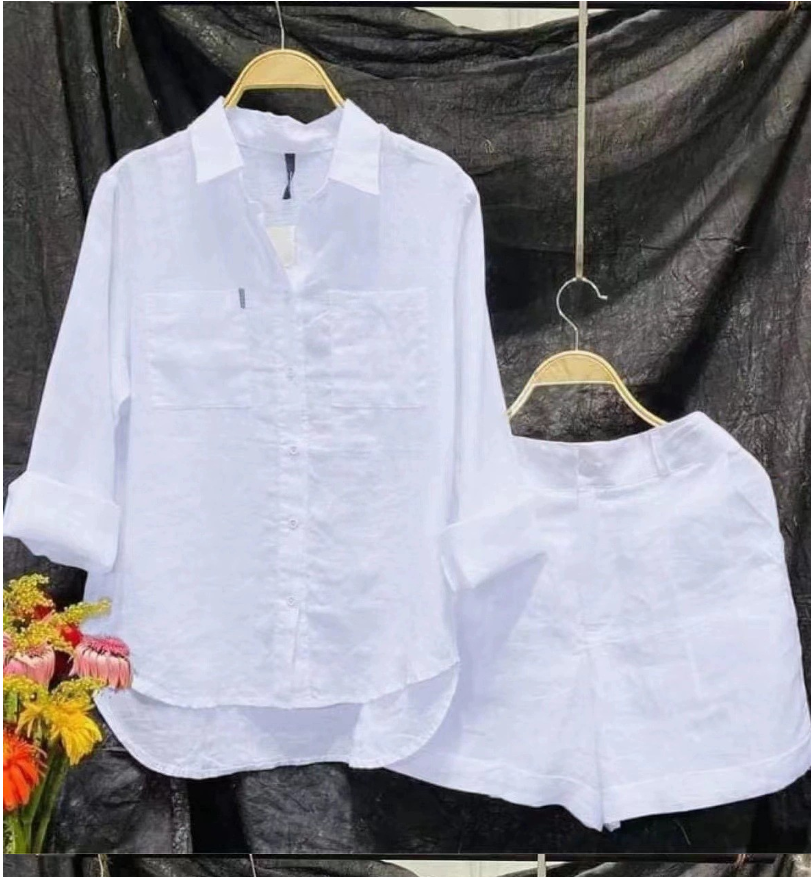 Ensemble décontracté 2 pièces en coton et lin pour femme, été-automne, chemise à manches longues et short, ensemble deux pièces, tenue de sport