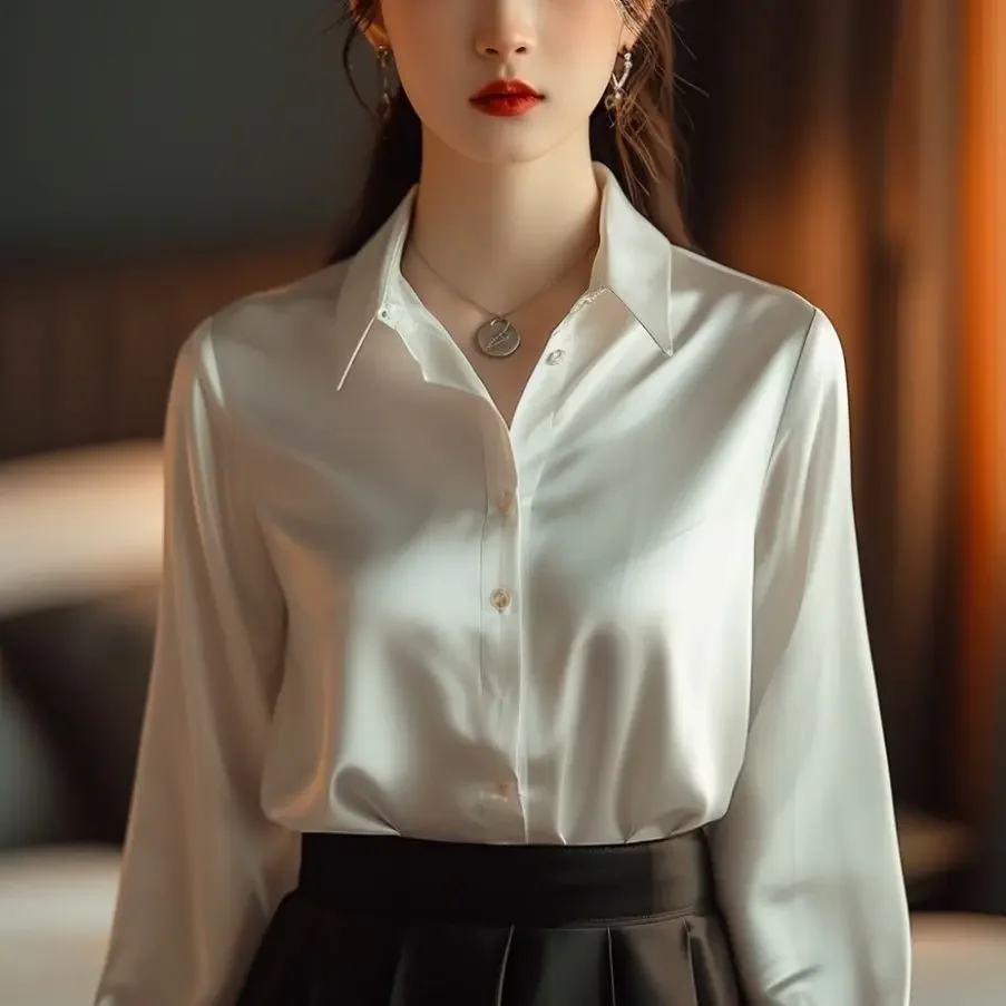 Été automne soyeux Satin chemise femmes 2024 Vintage Blouse à manches longues boutonné chemise bureau dame t-shirt dames chemise décontractée