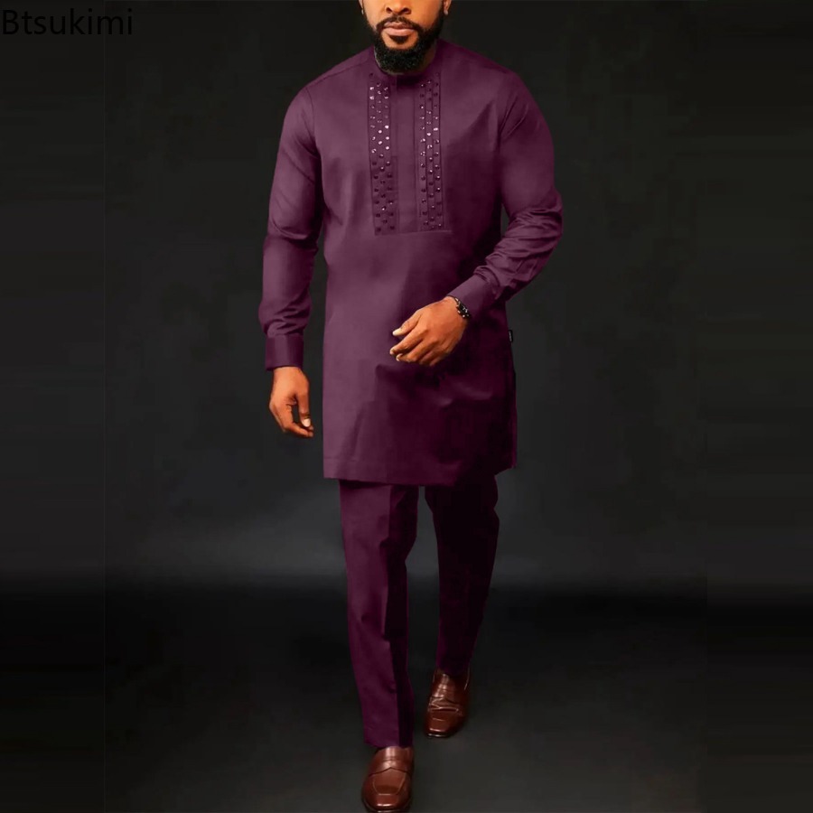 Ensemble caftan musulman pour hommes, chemise à manches longues + pantalon de Style ethnique africain, ensemble deux pièces, vêtements traditionnels pour hommes, nouvelle collection 2026