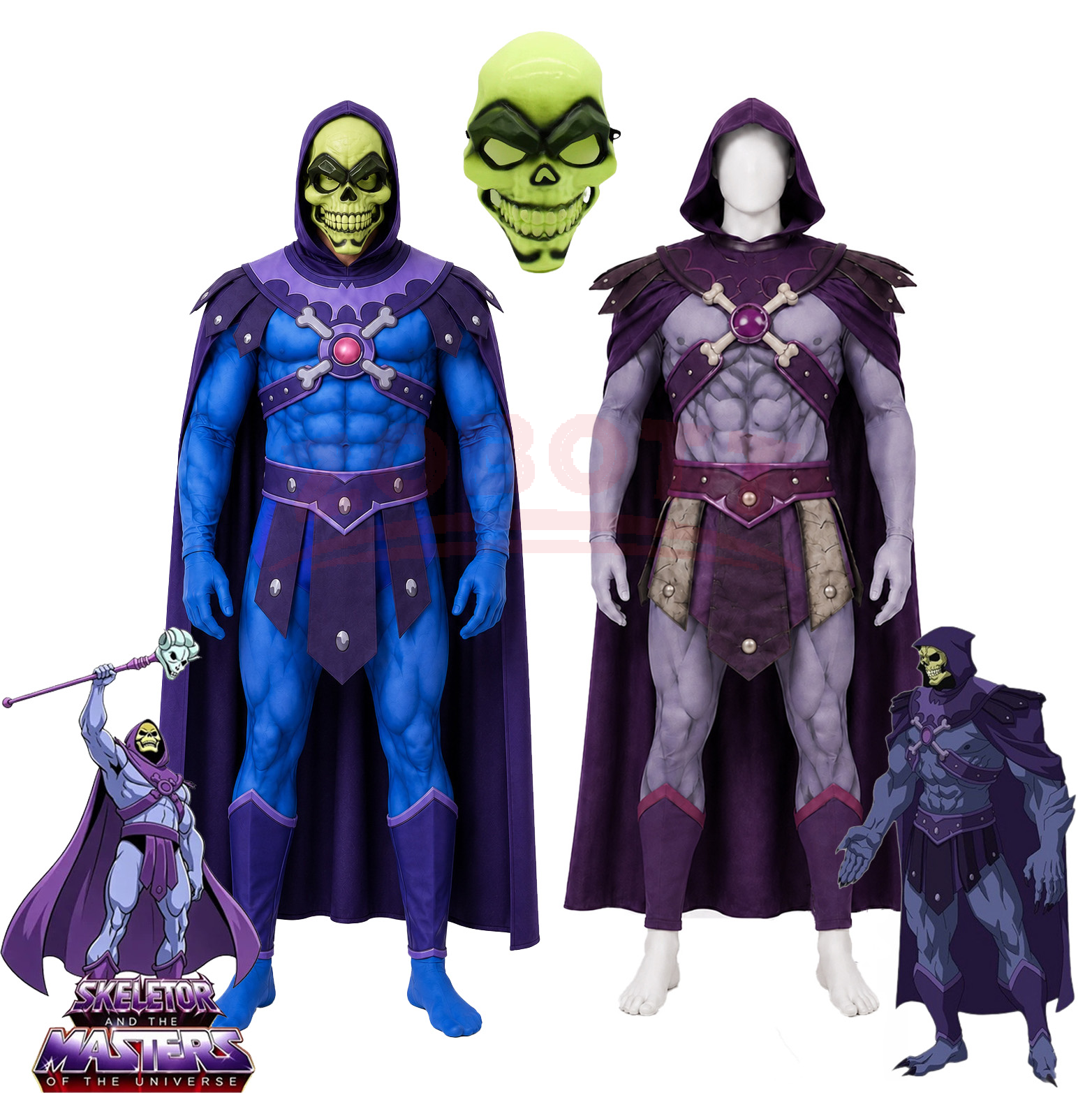 Costume de cosplay du Roi Squelette, déguisement de Skeletor, vêtements, cape, combinaison, ceinture pour adultes, tenue de fête d'Halloween ou de carnaval.