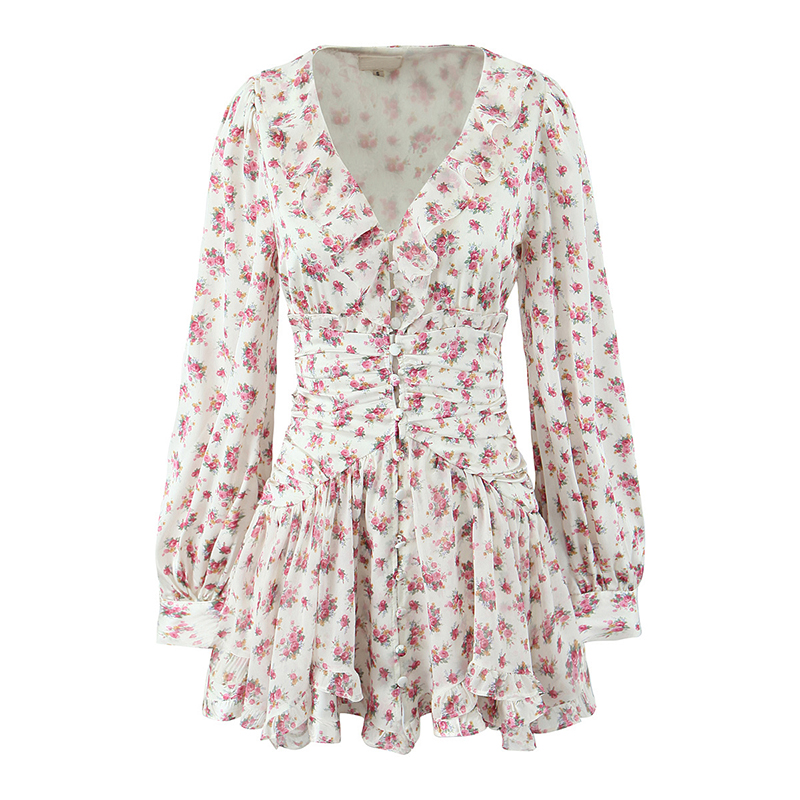 Mini robe à volants à imprimé floral Boho pour femmes, bouton avant, manches longues, col en V, robes de printemps, robe de vacances, courte, éducative, 2025