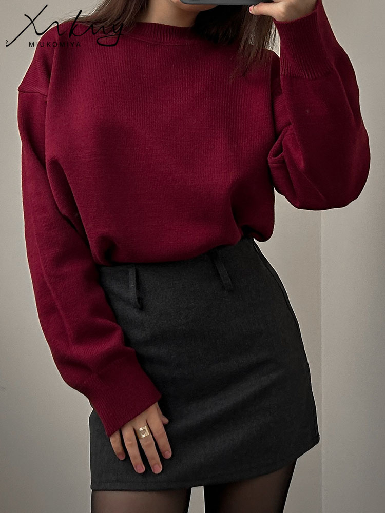 MiuKoMiYa femmes hiver surdimensionné pull bordeaux col rond Vintage pulls en vrac chandails de noël pour les femmes hauts élégants