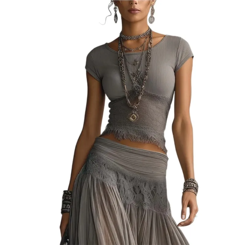 Ensemble chic 2 pièces pour femme : haut uni à manches courtes coupe ajustée avec empiècements en dentelle et jupe taille haute élastique à cordon de serrage