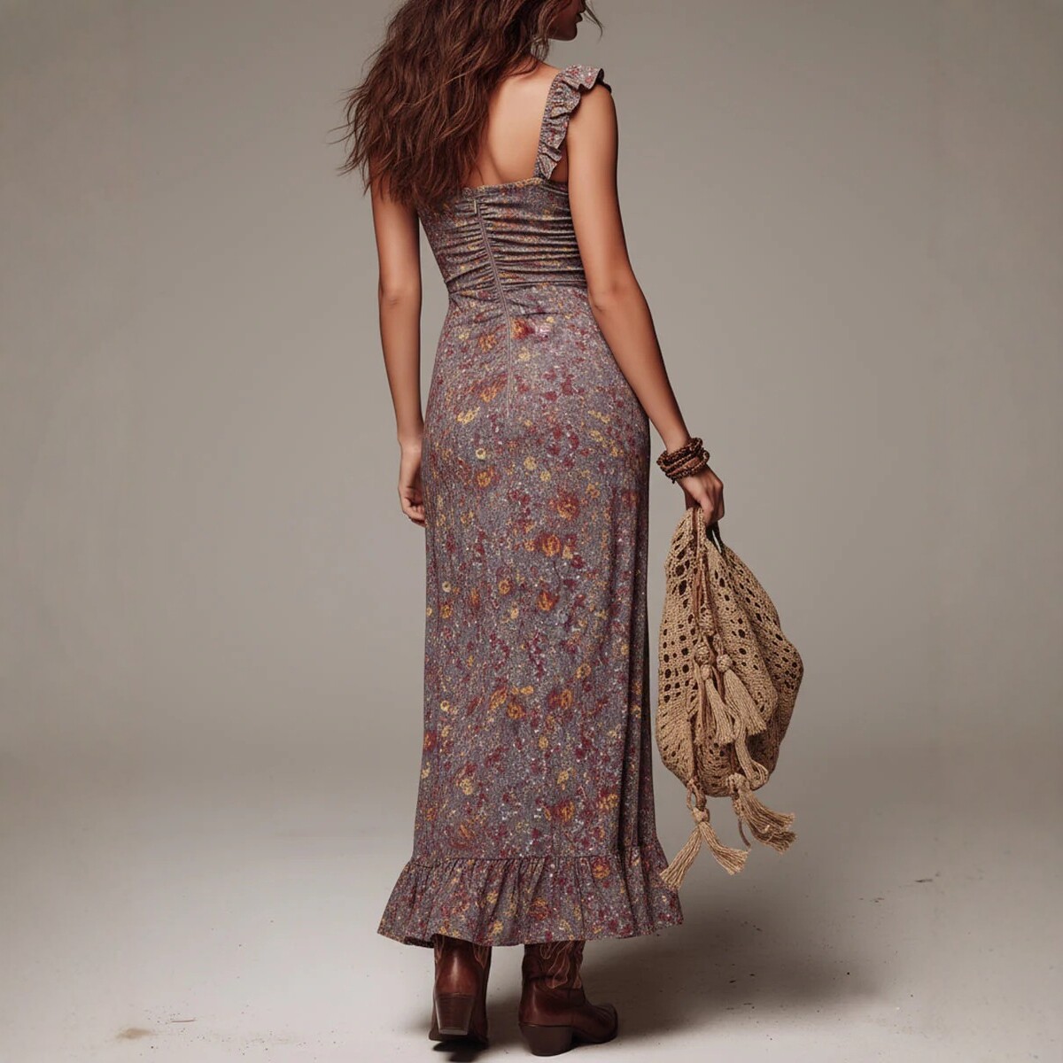Robe longue bohème à imprimé floral avec ceinture et fente haute pour femme, collection Printemps-Été, coupe ajustée