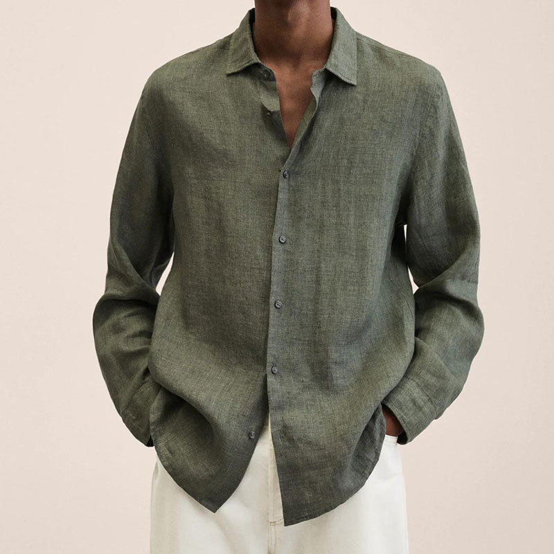 Chemise à manches longues en lin et coton pour hommes, coupe décontractée, col boutonné, respirante, couleur unie, hauts d'été pour hommes