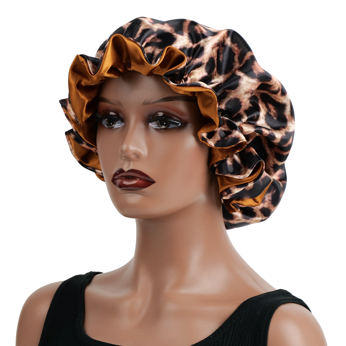 Bonnet de nuit en Satin de soie imprimé léopard, Double couche, confortable et décontracté, pour soins capillaires, pour un usage quotidien, 1 pièce