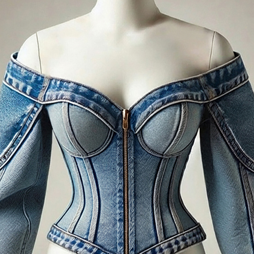 Veste en jean sexy pour femme, style corset, épaules dénudées, zippée, délavée vintage, coupe ajustée, manches longues, chic Y2K, streetwear, manteau d'extérieur