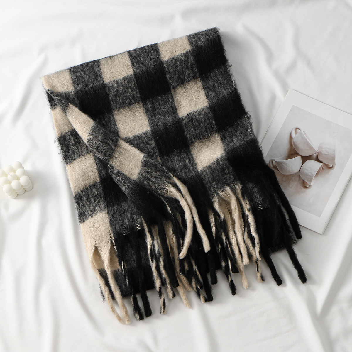 Écharpe coréenne en cachemire rayé pour femme, châle chaud et épais en Mohair, à la mode, avec pompon, Protection du cou, 200x40cm, hiver