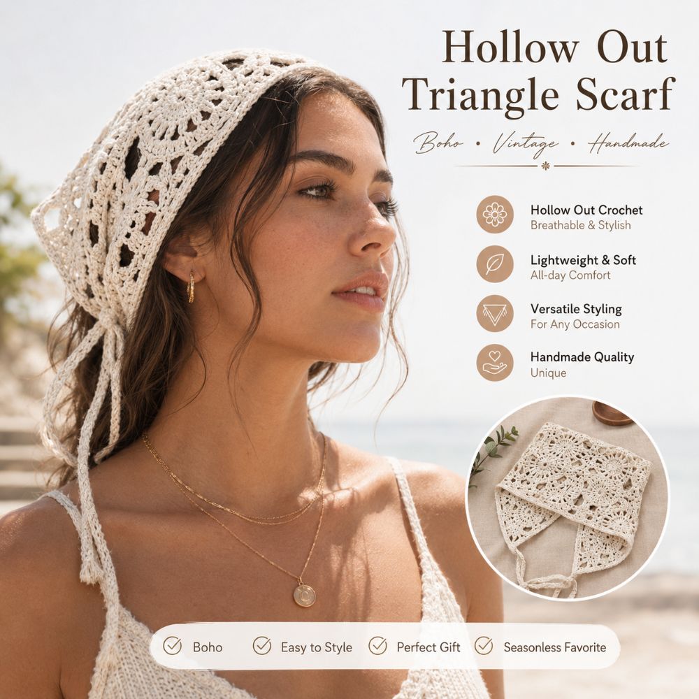 Foulard triangulaire uni en crochet ajouré fait main, bandeau en maille transparente, foulard rétro tricoté tendance pour femme