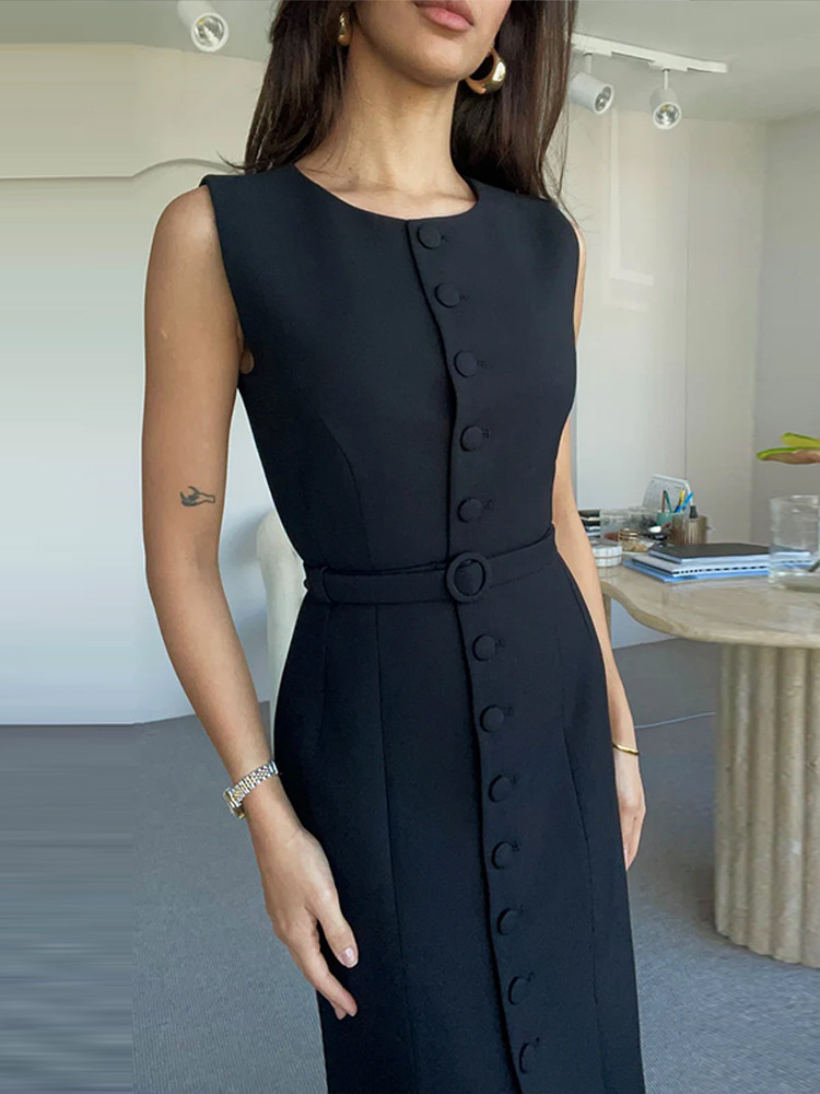 Costume sans manches à lacets robe mi-longue femmes élégant col rond simple boutonnage coupe ajustée Robes de soirée mode bureau dame Robes