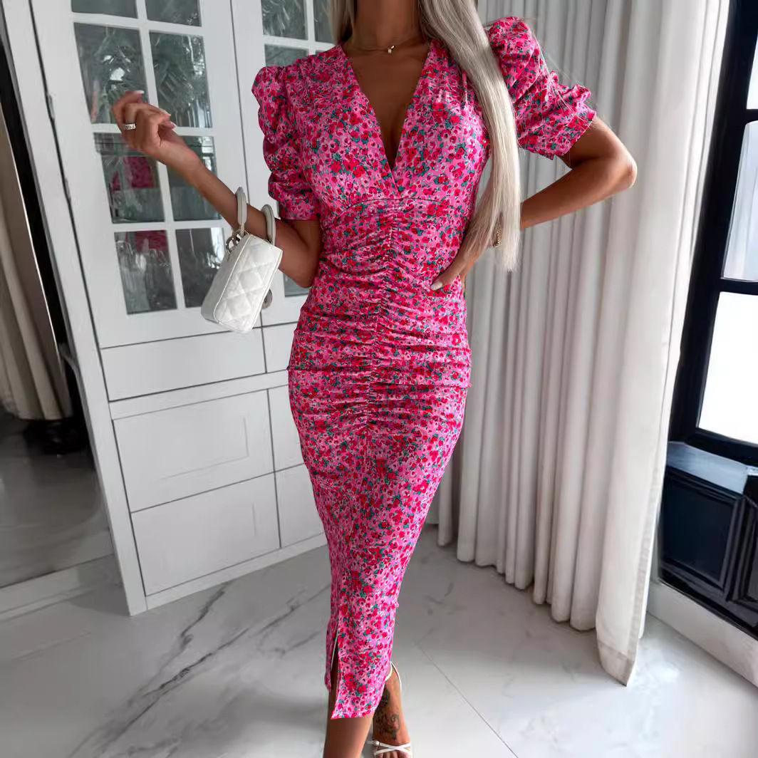 Robe mi-longue à manches courtes à imprimé floral pour femmes, robes minces pour femmes, col en V élégant, vêtements de mode pour femmes, robe éducative, été