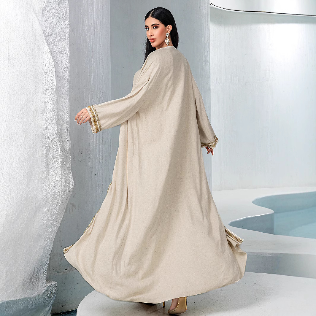 Ensemble 2 pièces tendance pour femme musulmane du Moyen-Orient : Manteau et robe intérieure en coton et lin, brodés de perles, couleur abricot, style simple et basique