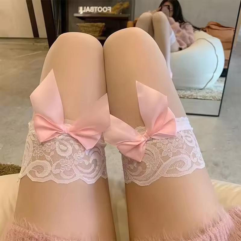 Mignon Sexy femmes bonneterie Lolita bas transparents couleur unie beau nœud noir blanc rose cuisse haute bas femme genou