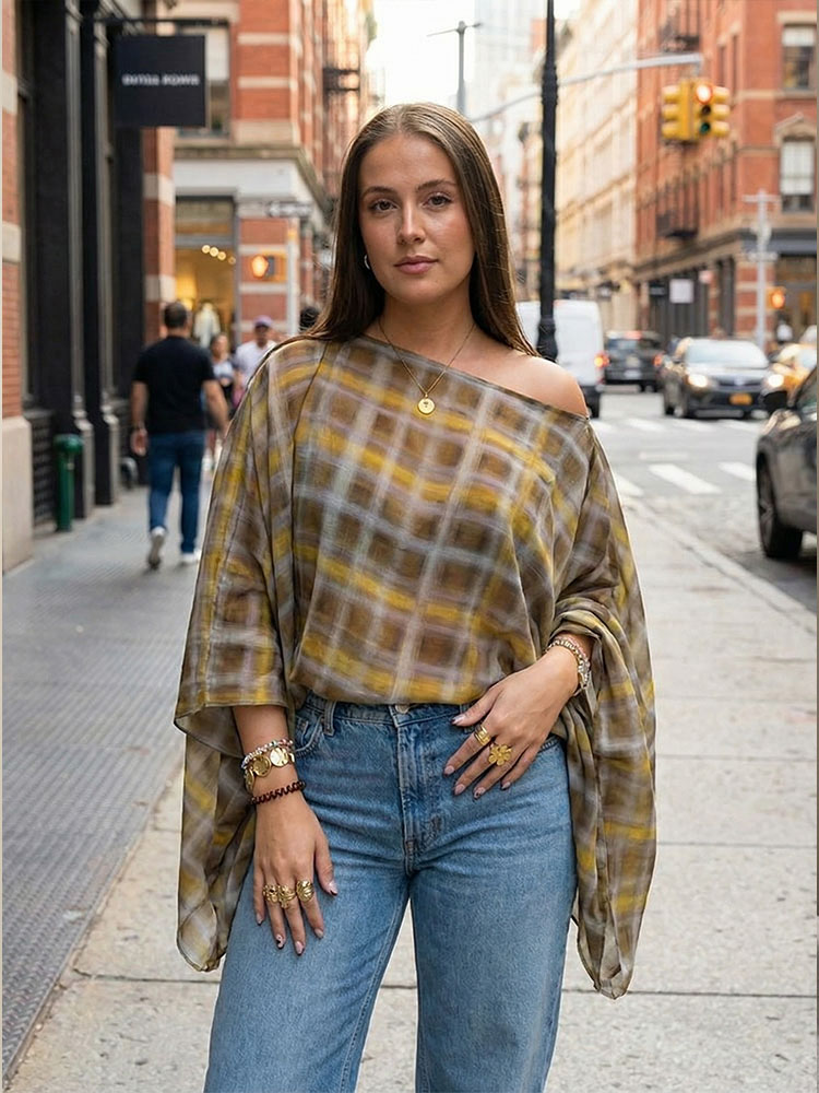 HH femmes mode Plaid imprimé Blouse Vintage décontracté ample asymétrique ourlet hauts avec écharpe été mince femme vacances plage tenues