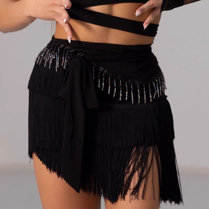 Robe de danse latine en dentelle pour femmes, ensemble haut à une seule manche noir et jupe à franges, costume de performance pour la danse Cha Cha, entraînement de Samba, Rumba