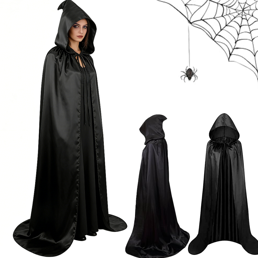 Cape à capuche unisexe, cape de sorcière à capuche, robe noire pour femmes, hommes, enfants, costumes de cosplay d'Halloween, performance de Noël