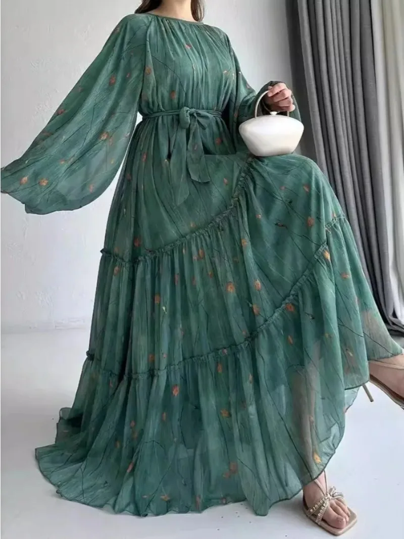 Eid Robe Abaya musulmane pour femmes imprimer ceintures en mousseline de soie Jalabiya caftan Islam arabe longue Robe Ramadan maroc Abayas tenues