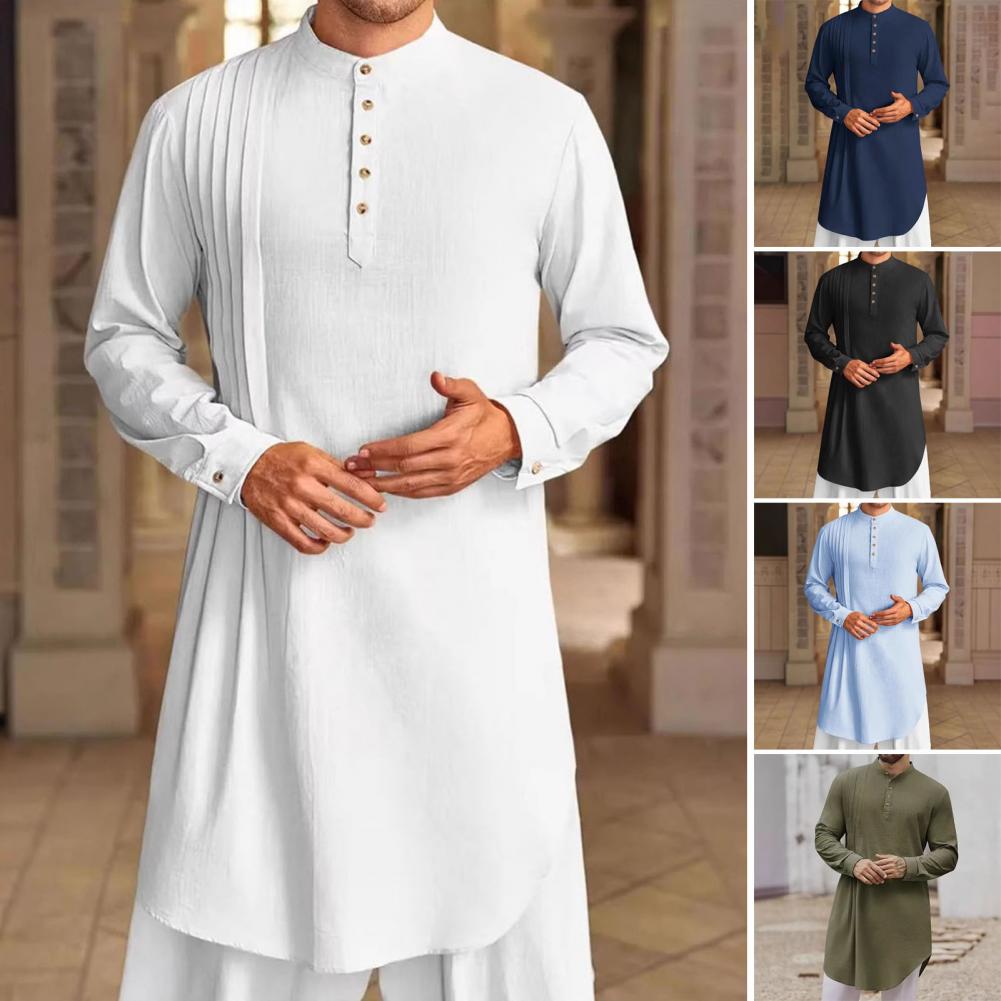 Robe caftan en coton et lin pour hommes – Thobe boutonné à manches longues pour la prière, style décontracté et arabe |   Respirant et confortable