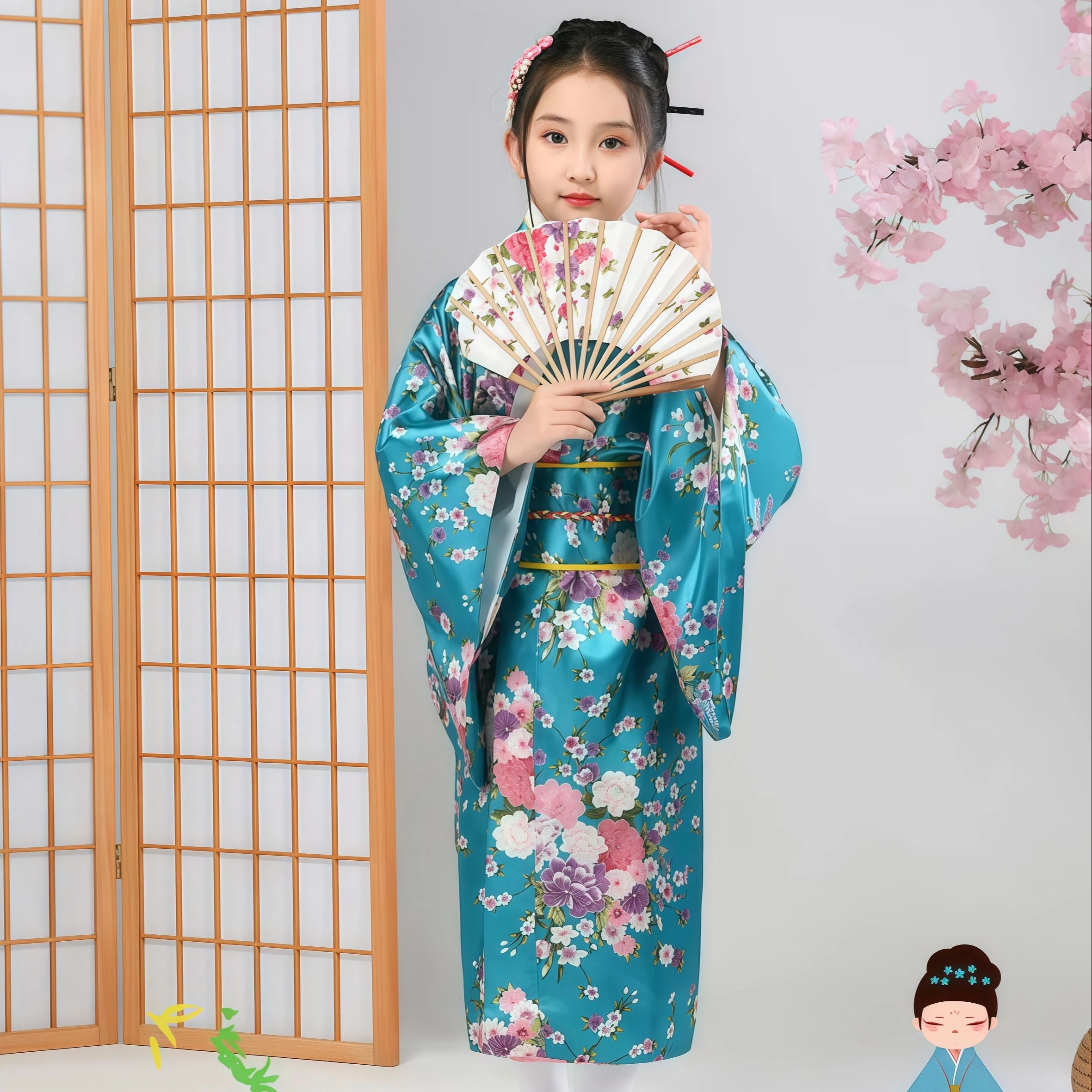 Robe Yukata à imprimé Sakura, ensemble de kimono japonais, peignoir pour filles, cosplay, spectacles scolaires, costume traditionnel Haori, costume de vacances
