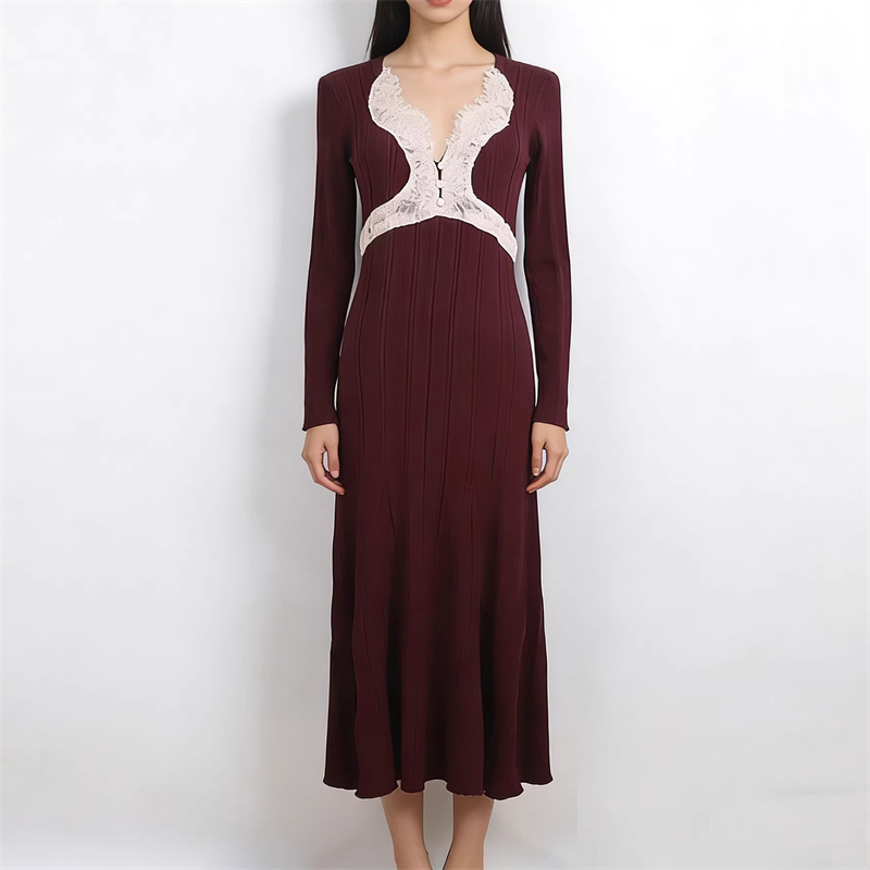 Nouvelle Robe Longue Tricotée Femme Printemps à Col Carré et Dentelle, Manches Longues, Coupe Ajustée, Jupe Sirène Longue, Haute Qualité, Tendance et Sexy