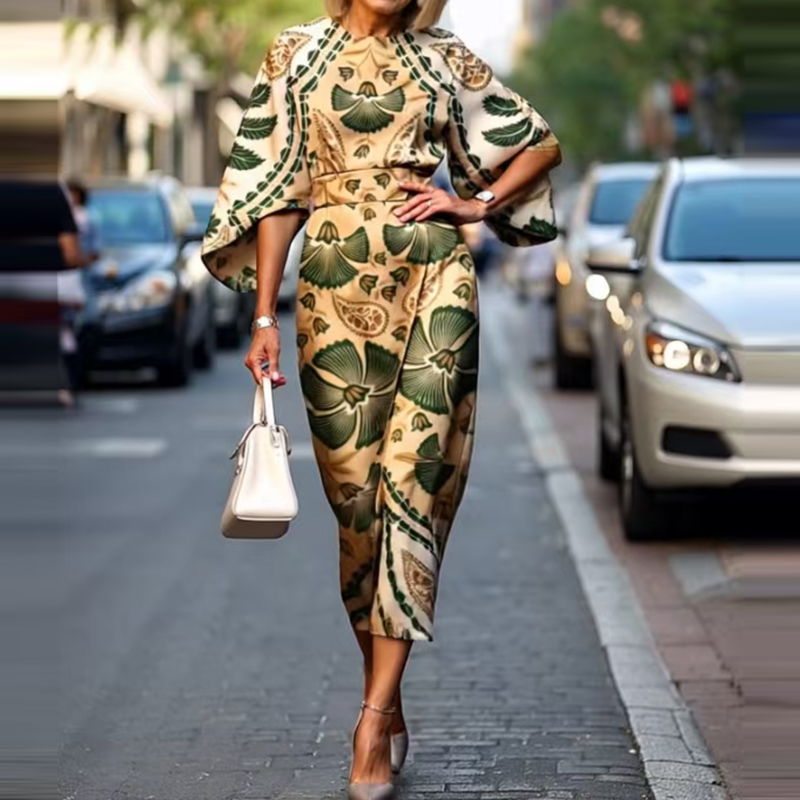 Robe de vacances décontractée, col rond, taille haute, imprimé floral, coupe cintrée, robe de soirée élégante, manches longues, style bohème, 2025