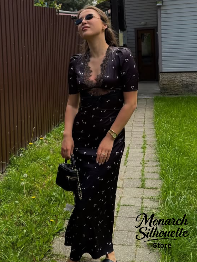 Robe longue noire en satin à imprimé patchwork et dentelle pour femme, col en V, manches courtes, taille haute, ajourée, pour le quotidien et les fêtes