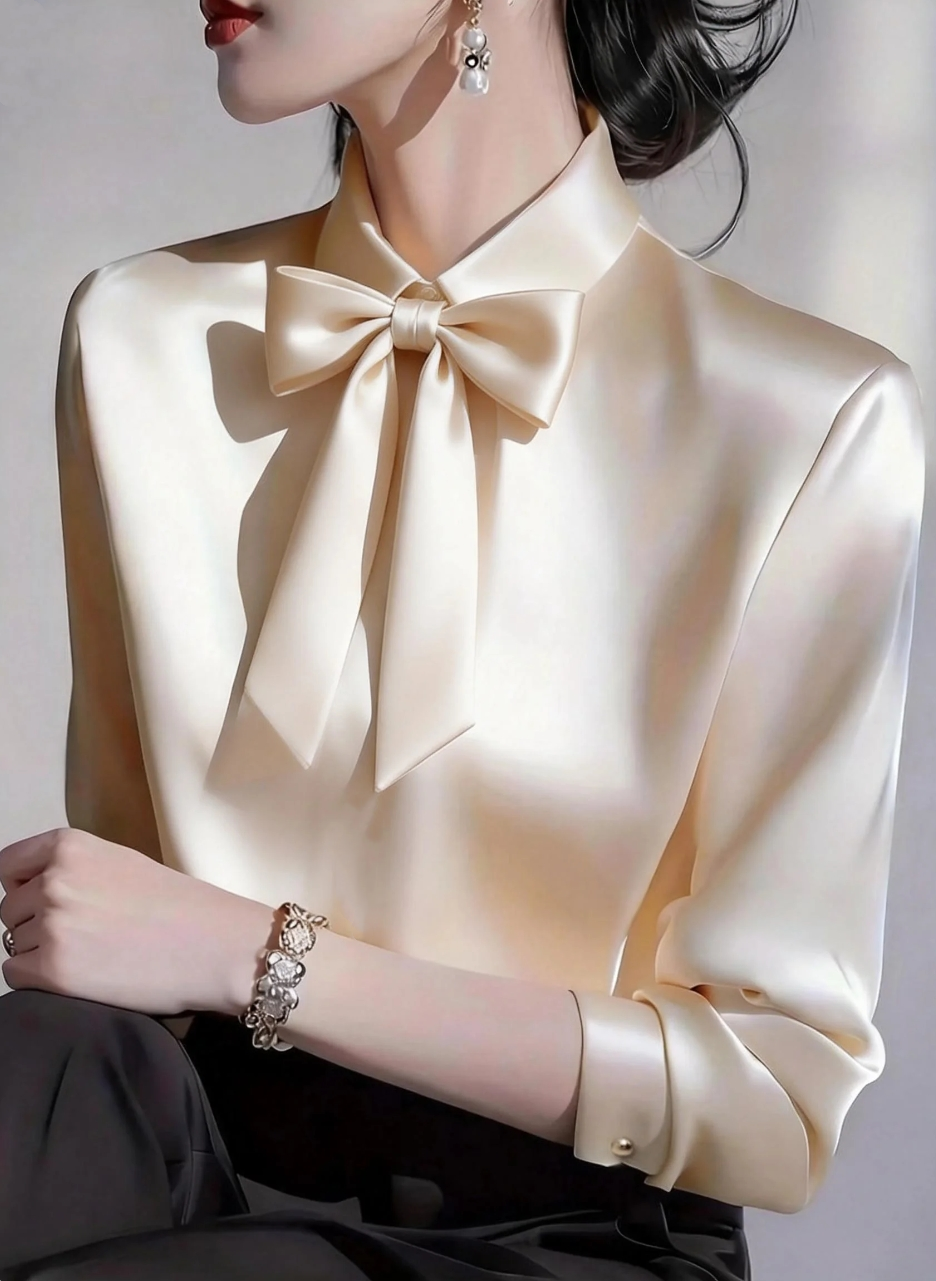 Chemise élégante en satin à nœud papillon pour femmes, manches longues, chemise de bureau formelle