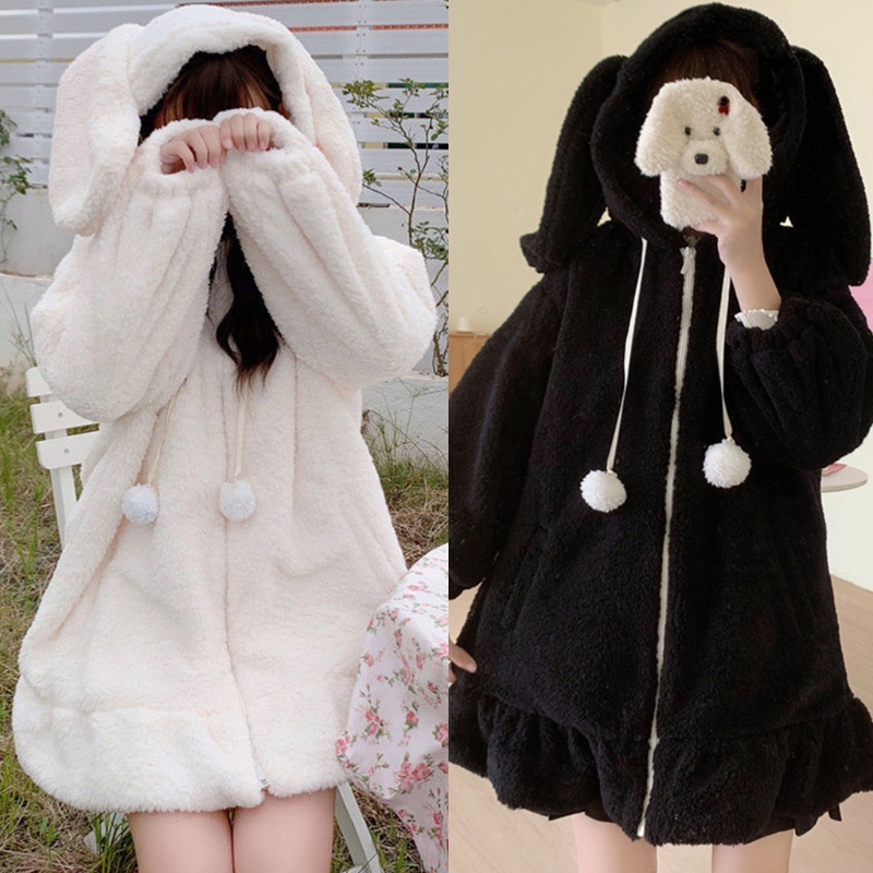 Veste d'hiver à capuche pour femme, Cardigan à manches longues, duveteux, Harajuku, Kawaii, oreilles de lapin, fermeture éclair, manteau en peluche, vêtements chauds à volants, 2021