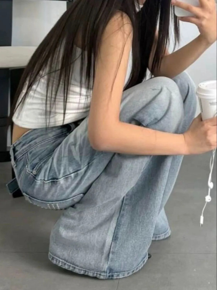 Jean d'été pour femme délavé, effet vieilli, avec strass, style vintage américain Y2K, coupe droite ample, jambe large et tombé fluide