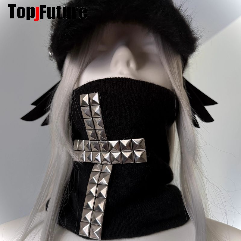 Casquette de baseball unisexe avec fourrure, style steampunk, visière rigide et rivets punk, cache-cou en peluche, écharpe croisée tricotée, gothique