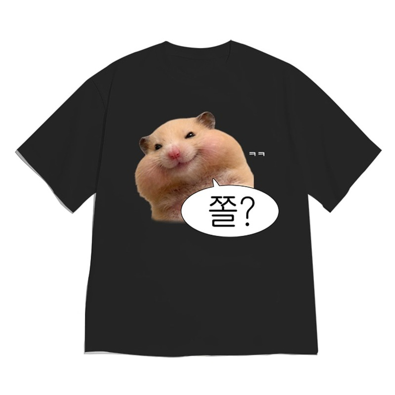 T-shirt streetwear coréen pour femme, motif graphique mignon de hamster moelleux et texte Hangul, style vintage Y2K, décontracté à manches courtes pour le quotidien