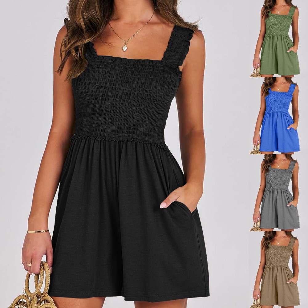 Robe mi-longue noire smockée à volants pour femmes, tenue d'été décontractée, à la mode, pour vacances, plage, rendez-vous, nuit, vêtements Y2k, nouvelle collection