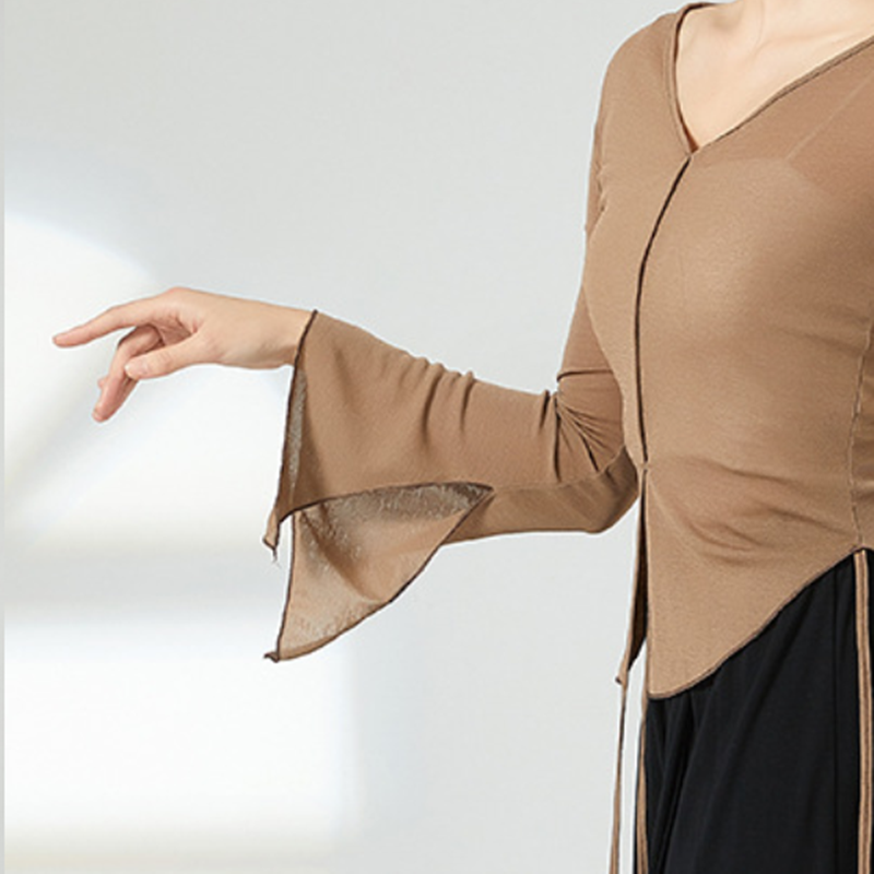 Vêtements d'entraînement de danse moderne, col en V, manches évasées fendues, hauts de tempérament, Costume d'entraînement de couleur unie pour femmes, vêtements ajustés