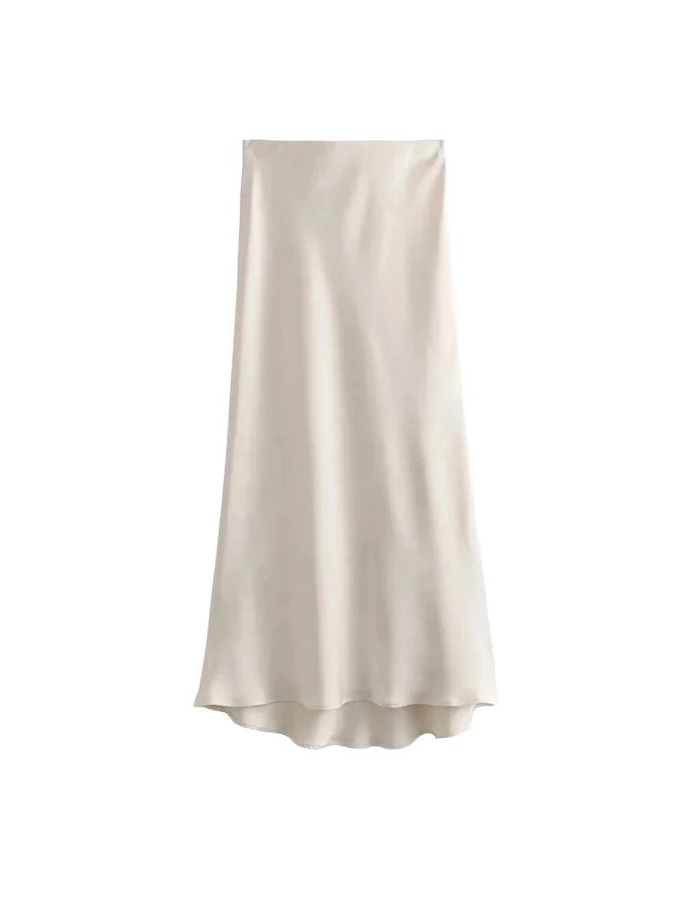 Jupe mi-longue semblable à de soie pour femmes, doux au toucher, taille haute, ceinture élastique, Chic, mode féminine, élégante