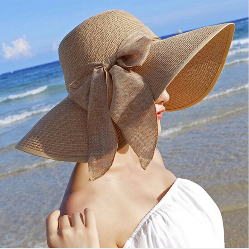 Chapeau de paille d'été pour femmes, chapeaux Panama souples à large bord avec nœud papillon, casquette de soleil de plage pliable pour l'extérieur