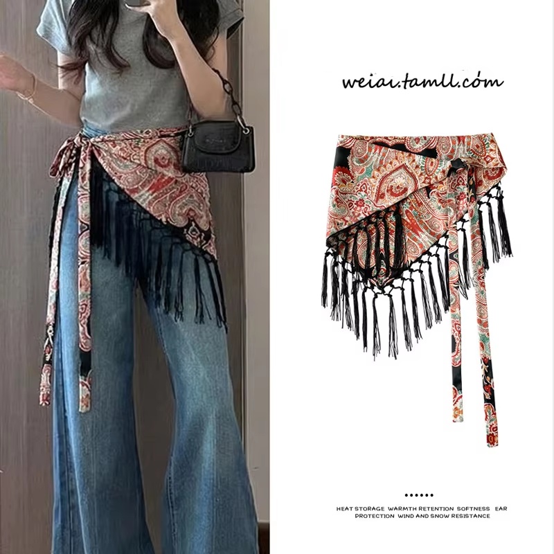 Écharpe triangulaire à imprimé floral pour femme, ceinture à nouer avec franges style bohème, accessoire de superposition pour jupe d'été