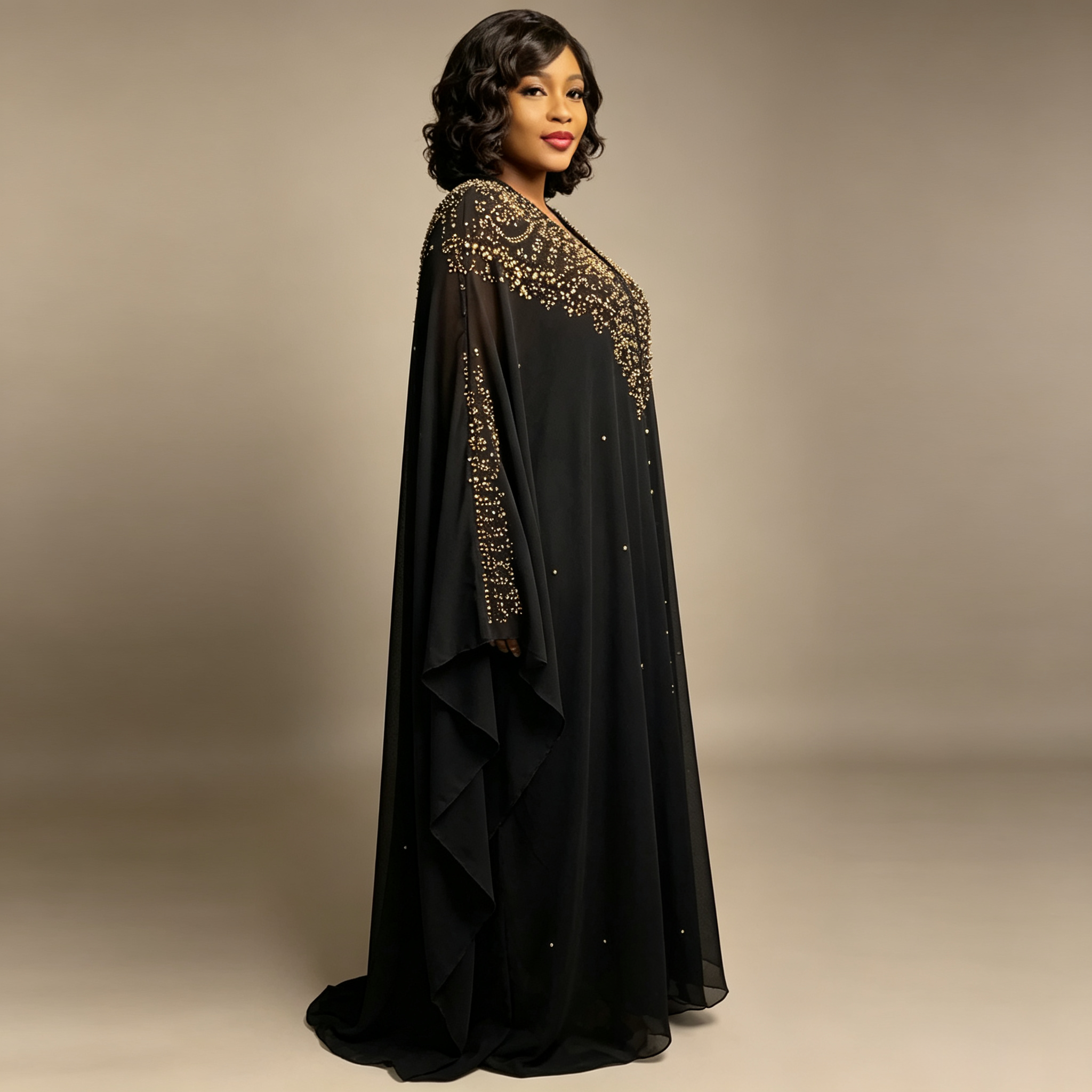 Caftan à capuche pour femmes de style africain, luxueux, orné de strass dorés, en mousseline, robe longue de soirée, de mariage ou de cérémonie.