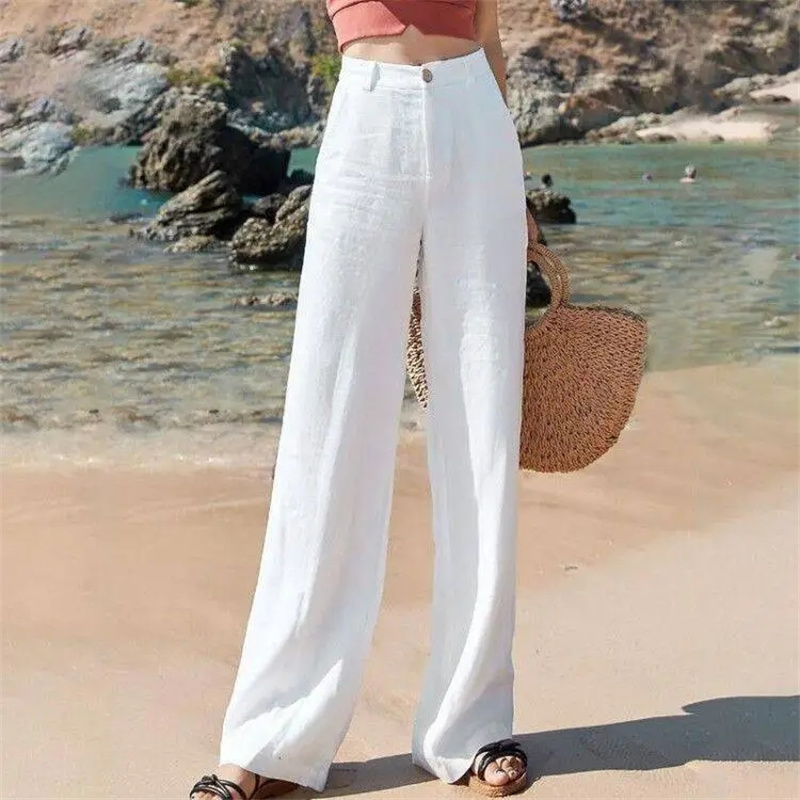 Pantalon en lin taille haute élastique pour femme, pantalon long, jambe droite, monochrome, coton, jambe large, document, vêtements d'été