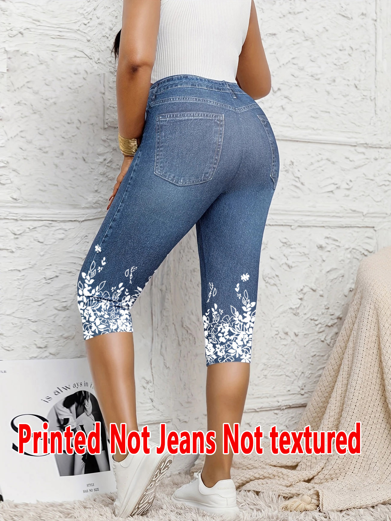 5898 [Leggings imprimés - Non en tissu denim] Leggings pour femmes à sept points avec un imprimé imitation denim, pantalon moulant