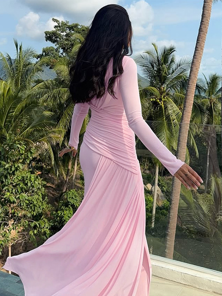 Robe longue plissée irrégulière rose élégante pour femme, col rond, manches longues, drapée, coupe ajustée, pour mariage, soirée, 2026