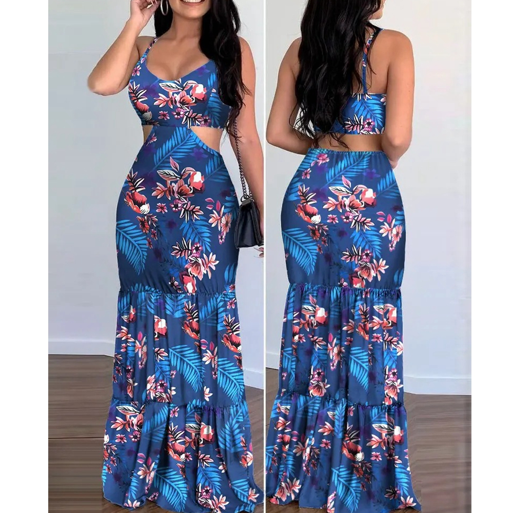 Robe longue à fleurs pour femmes, col en v, coupe crayon, bretelles spaghetti, été