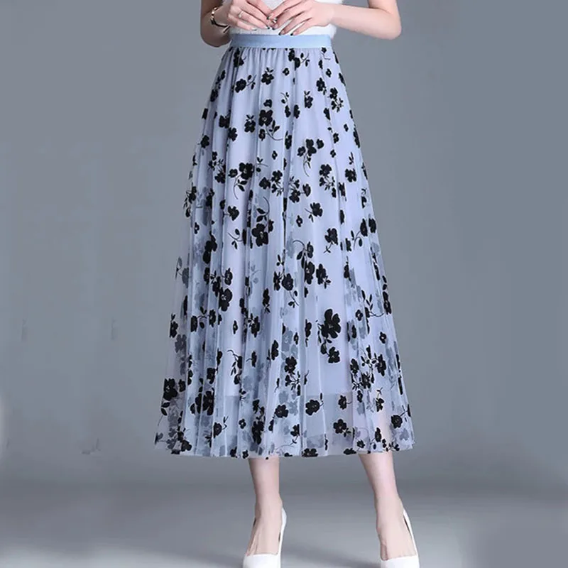 Jupe en maille coréenne pour femme, jupe midi ample à fleurs crochetées, élégante, décontractée, polyvalente, nouvelle collection été