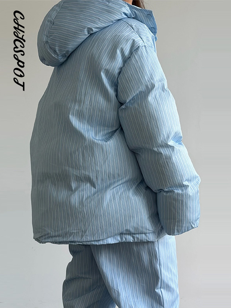 Nouvel ensemble pantalon et veste matelassée rayée à capuche et manches longues pour femme, style streetwear, avec pantalon lanterne et empiècements, tenue d'hiver