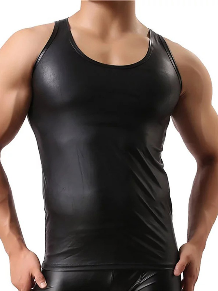 S-5XL fibrprecious Top Faux PU Cuir Hommes Musculation Vêtements Muscle Shirt Fitness Y-Tight Sexy Hot Shapers Tanktop Corps