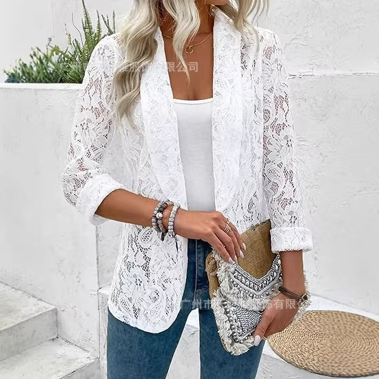 Nouvelle veste-cardigan élégante pour femme printemps/été, style petit tailleur, couleur unie, dentelle ajourée, manches longues, col à revers, chemise-veste Soat