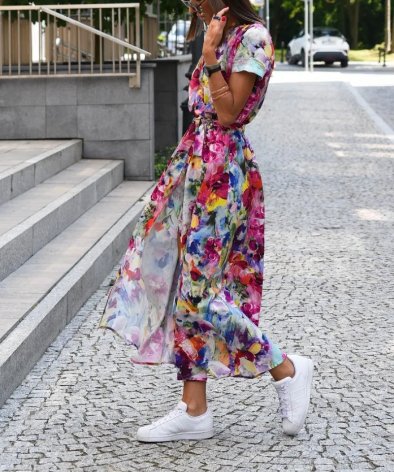 Robe ample décontractée à la mode pour femmes, cravate florale, col en v, imprimé fendu, manches courtes, longue robe