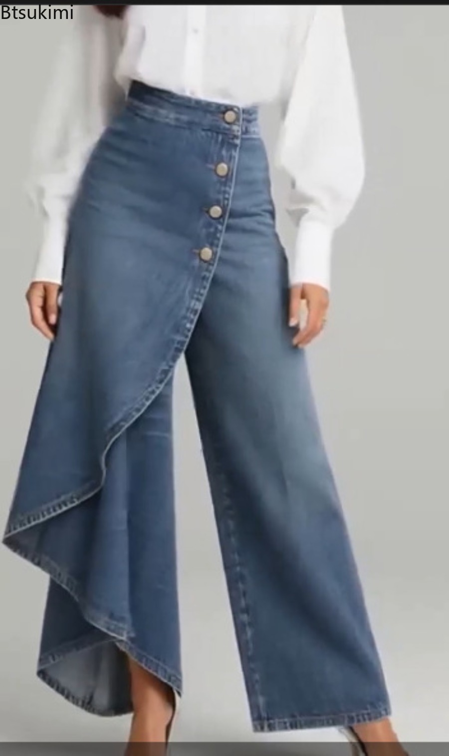 Nouveau pantalon décontracté à jambes larges pour femme 2026, design boutonné, coupe slim, imitation denim vintage, collection printemps
