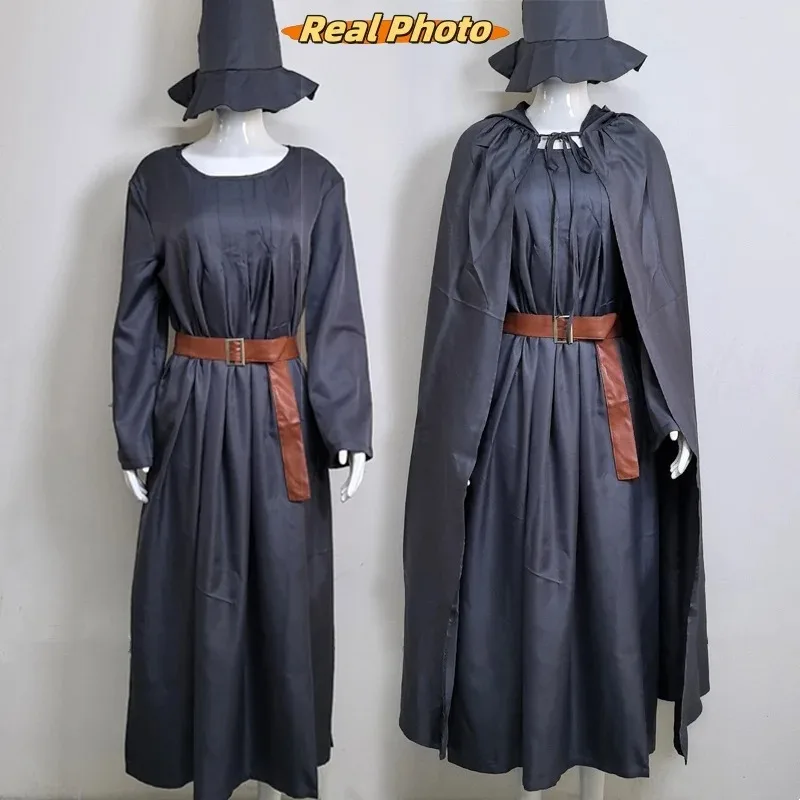 Costume de magicien Hobbit Gandalf, tunique païenne, cape de magicien, Robe grise, chapeau, ensemble complet de tenues pour adultes